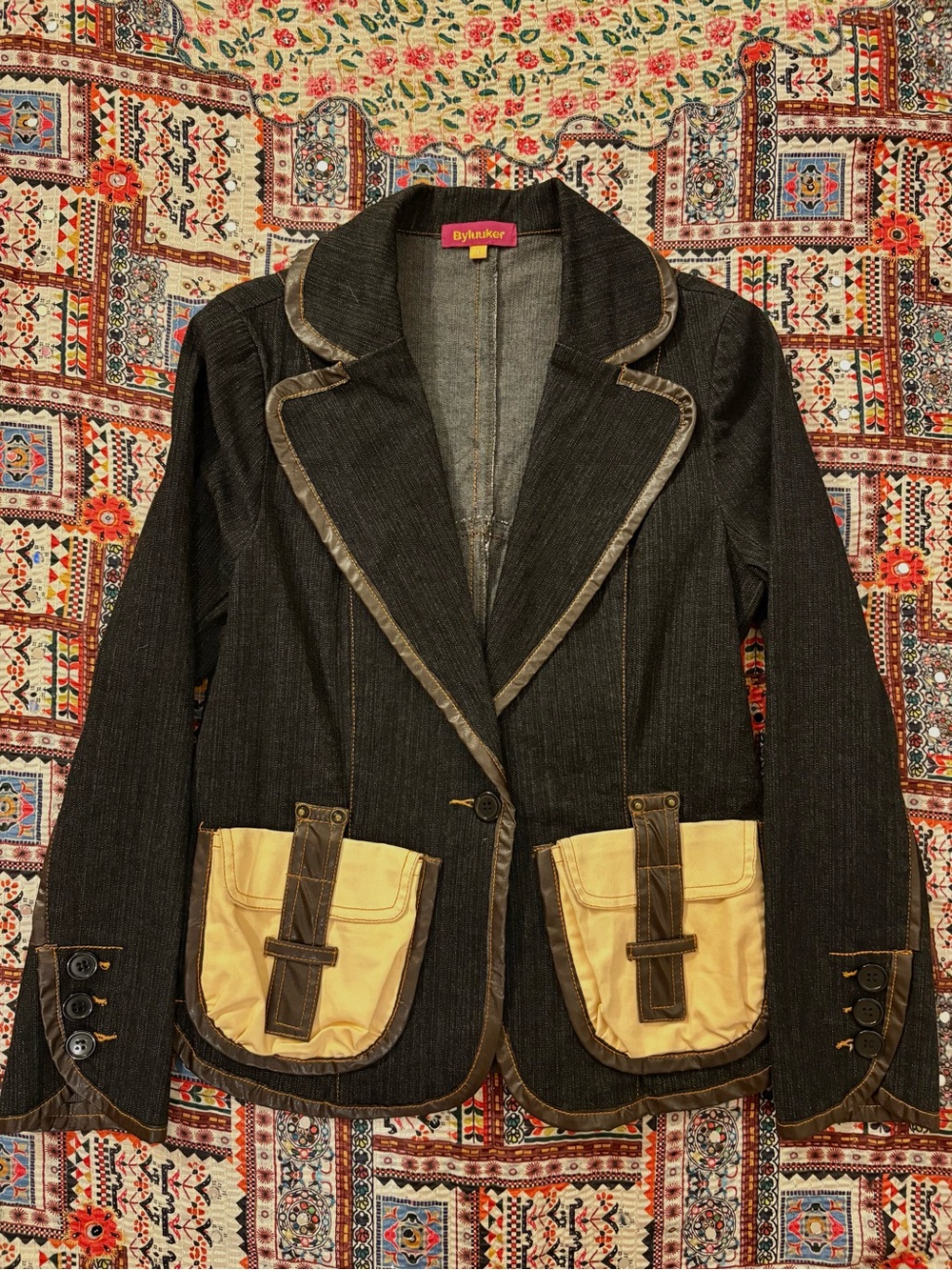 Dark Denim Blazer with Cream Pocket Accents